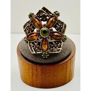 Retired Heidi Daus Green and Brown Crystal Floral Statement Cocktail Ring Size 6